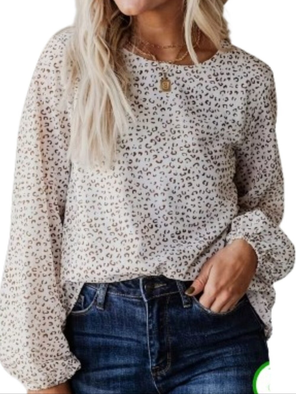 Leopard Crew Neck Latern Sleeve Blouse Sz Xl